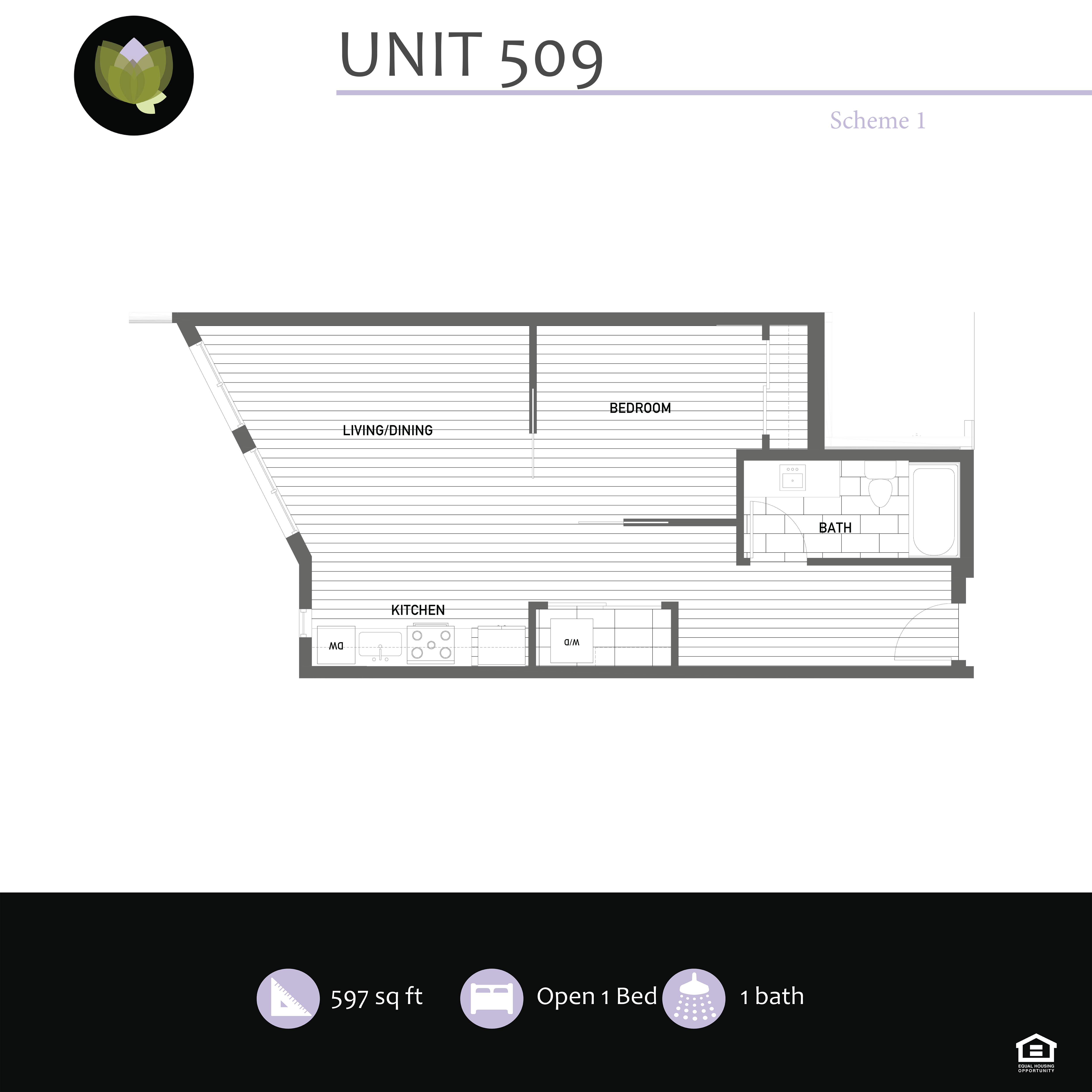 Floor plan for 1 bed, 1 bath, 597 sqft